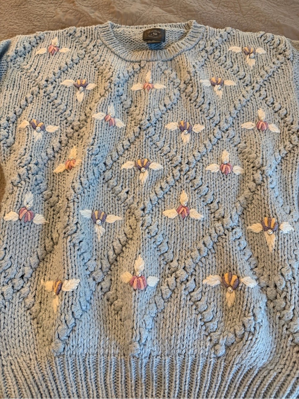 Vintage Soft Blue Floral Embroidered Cable-Knit Sweater - Women